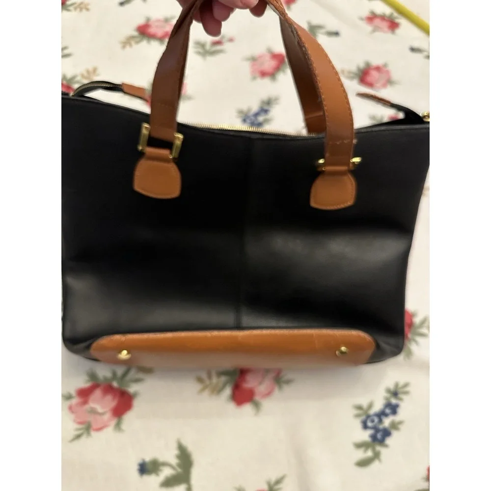 JOY & IMAN Pebbled Black Satchel Top Handle Zip Bag Brown Handles Pockets